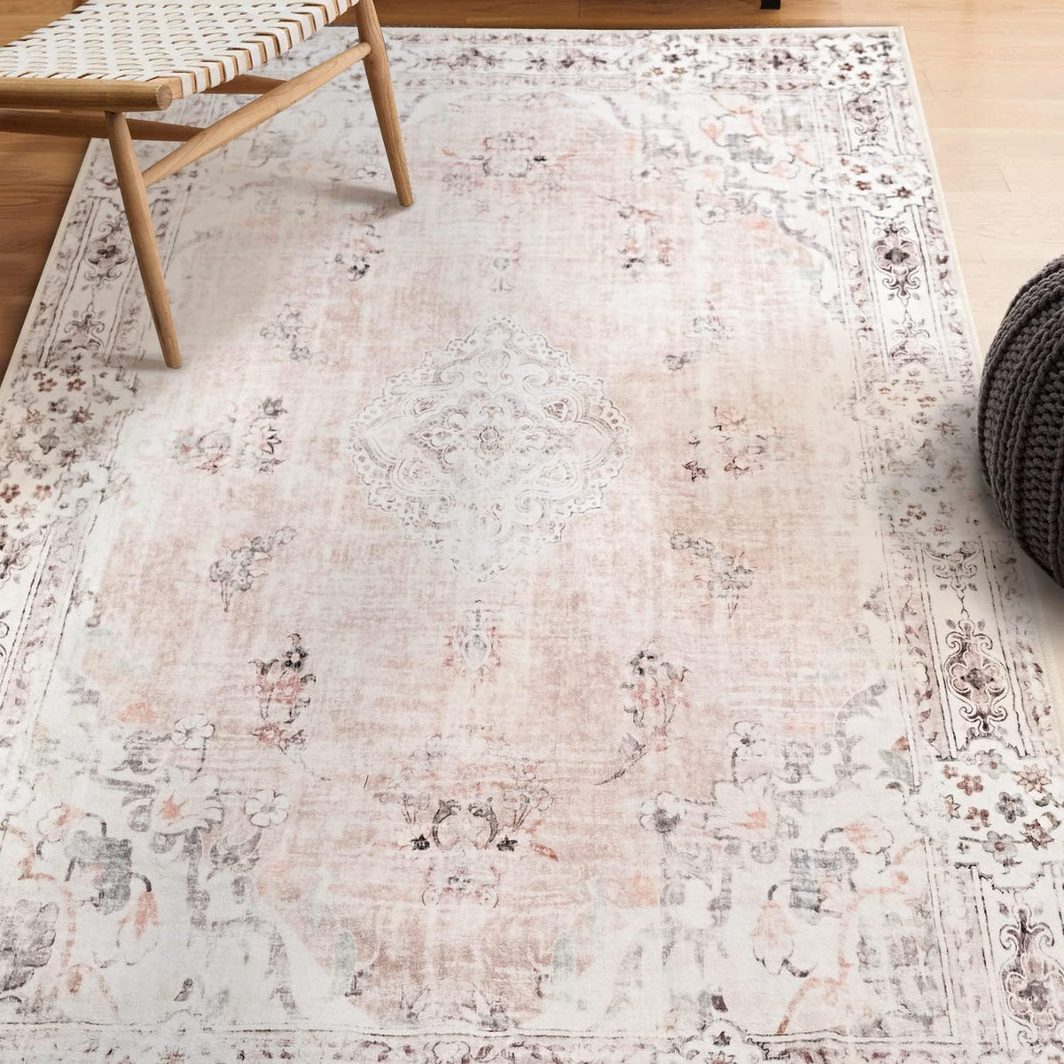 MUJOO Pink Rug 3x5 Washable,Boho Area Rugs Small Non Slip Low-Pile Floral
