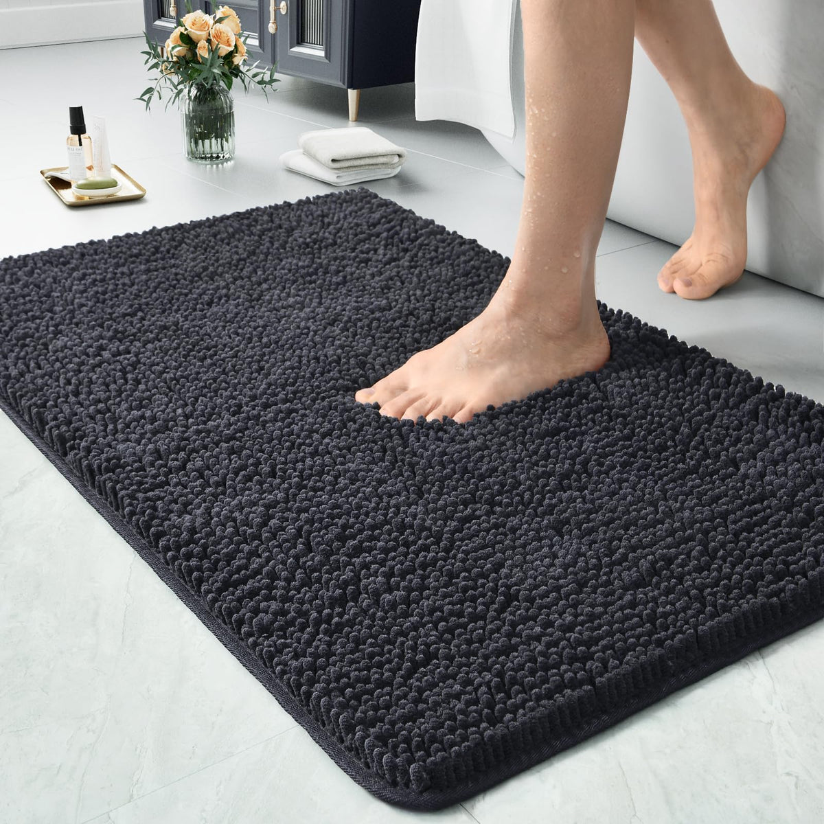 LOCHAS Luxury Bathroom Rug Shaggy Bath Mat 24 x 60 Inch, Gray