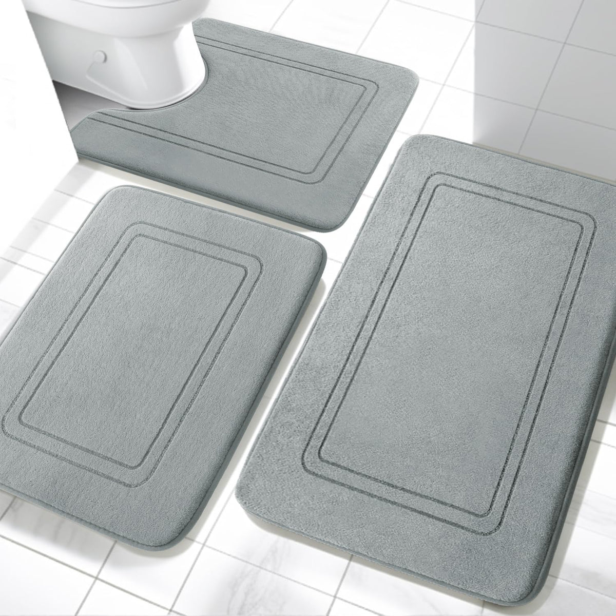 YIHOUSE Memory Foam Bath Mat Set, Non Slip Bath Mats, Super Soft and Water Absorbent, Machine Washable U Shape Toilet Mats, Dark Blue