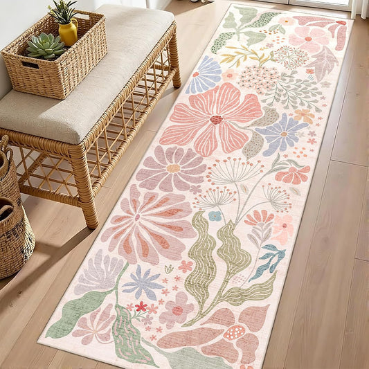 MUJOO Pink Washable 2x6 Runner Rugs Floral Area Rugs Non Slip Low-Pile