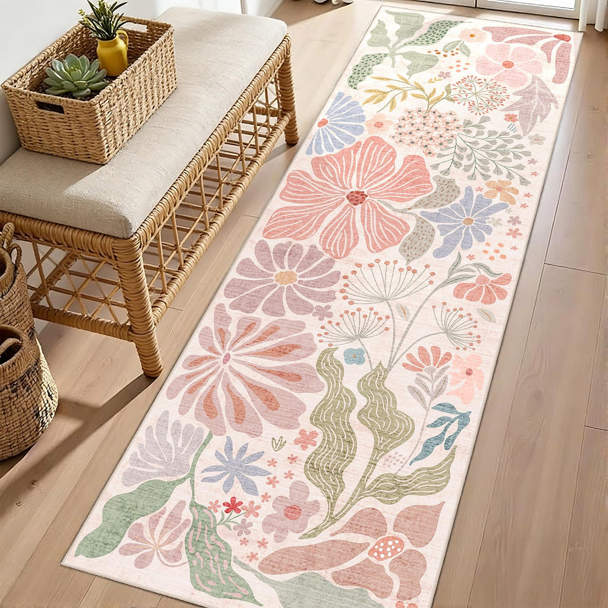 MUJOO Pink Washable 2x6 Runner Rugs Floral Area Rugs Non Slip Low-Pile