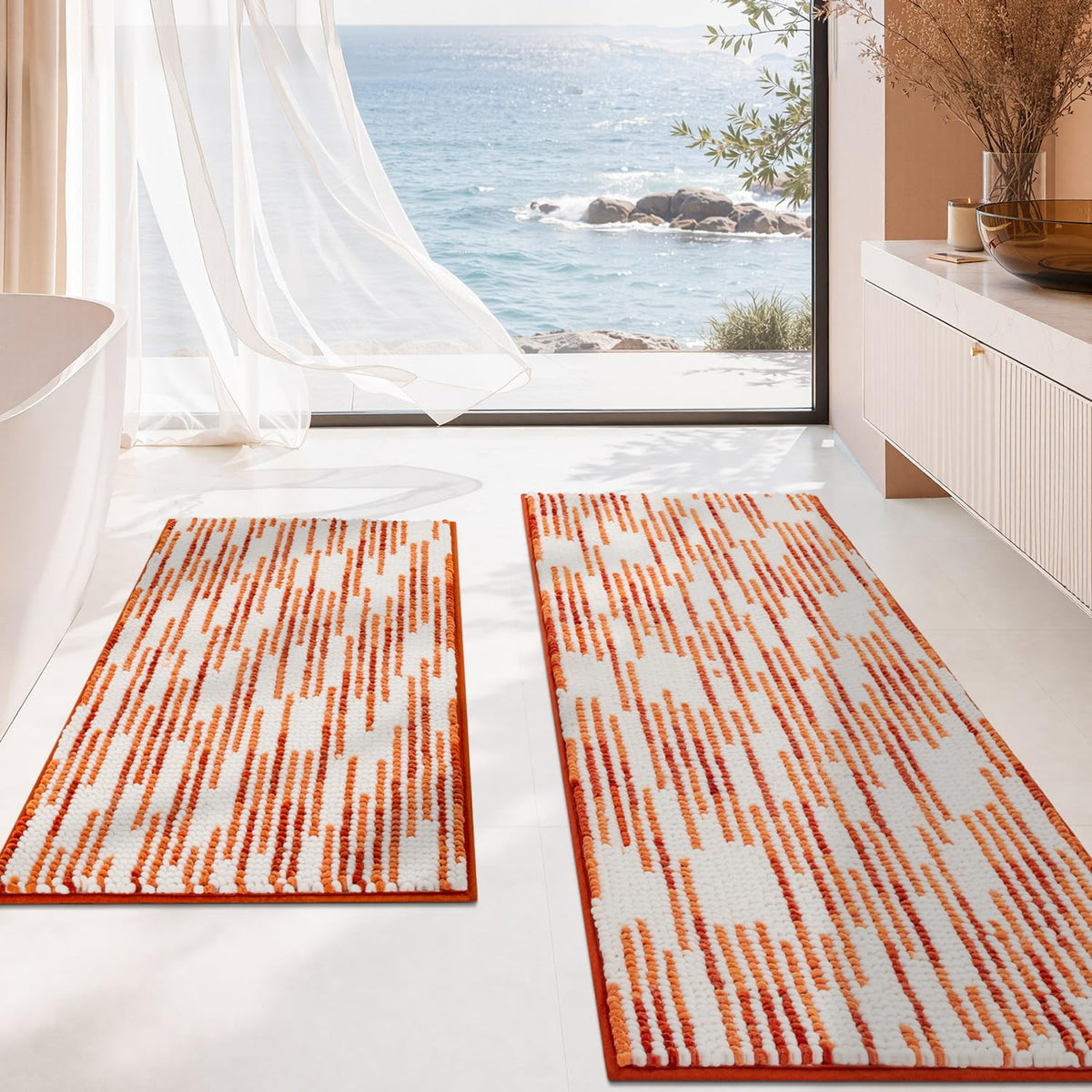 BSICPRO Bathroom Rugs Sets 2 Piece, Non Slip Striped Bath Mats, Sage
