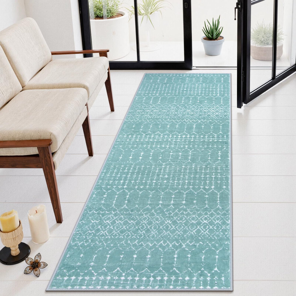 Lahome Moroccan Indoor Rugs for Entryway 2x3 Area Rug Non-Slip Backing Washable Inside Door Mats Low-Profile Throw Soft Rugs for Bathroom, Geometric Print Distressed Blue Rug for Kitchen Bedside Hana