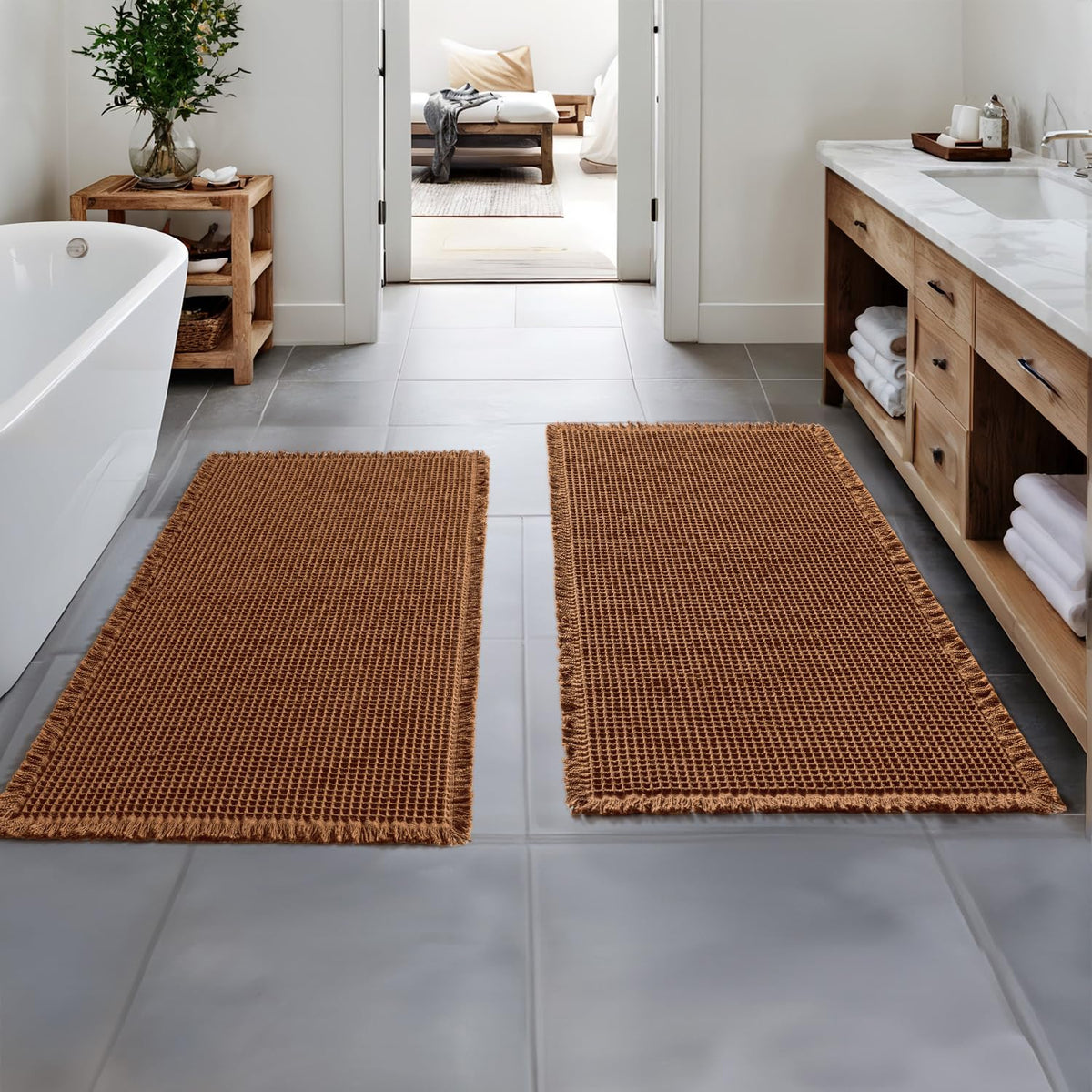 MIULEE Set of 2 Waffle Bathroom Rugs Boho Bath Mat Brown 18x30 Inch
