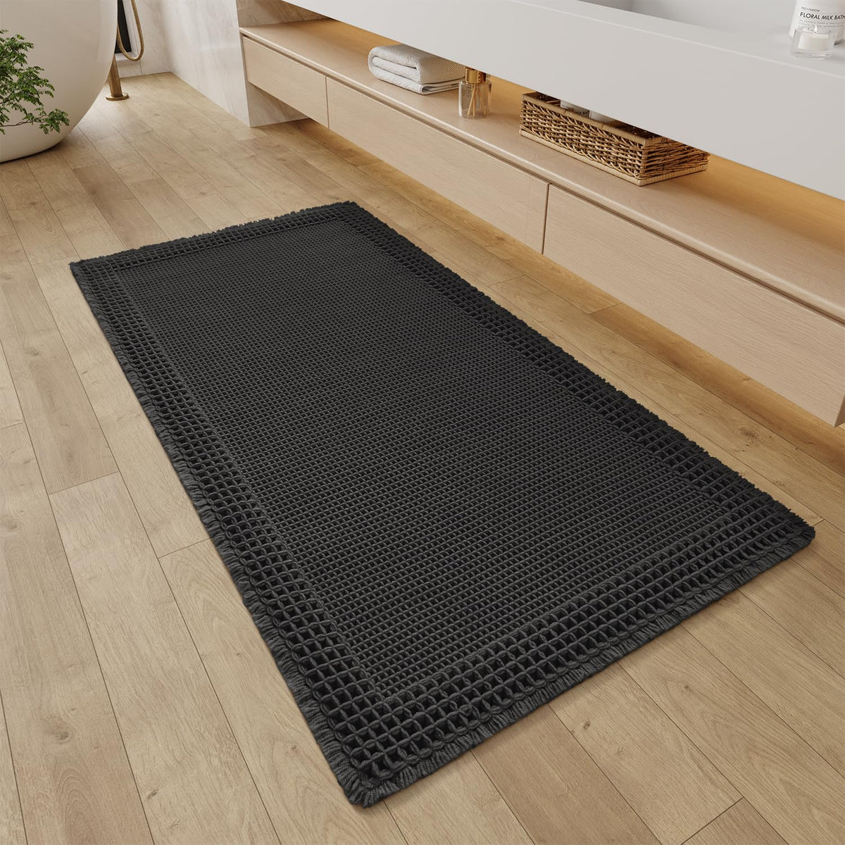 RESARE Waffle Bathroom Runner Rugs, Non Slip Boho Bath Mat 24"x72" Brown