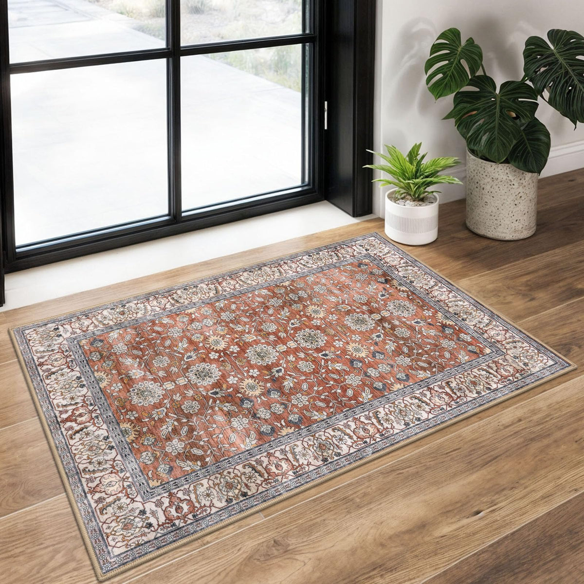 KUTA Vintage Floral Washable 2x3 Rugs for Entryway Blue Grey Beige