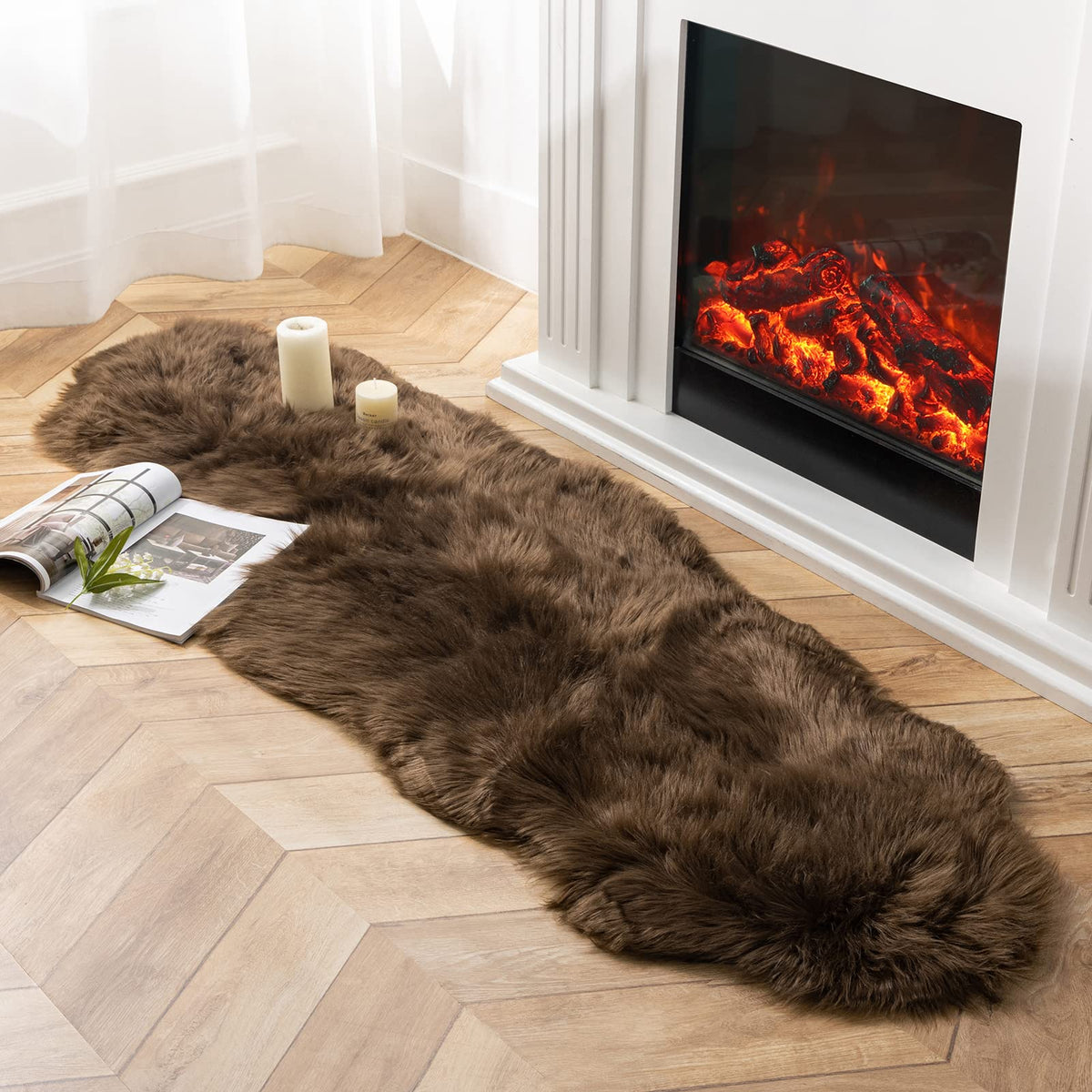Ashler Faux Fur Rug, White, 2x3 Ft, Machine Washable
