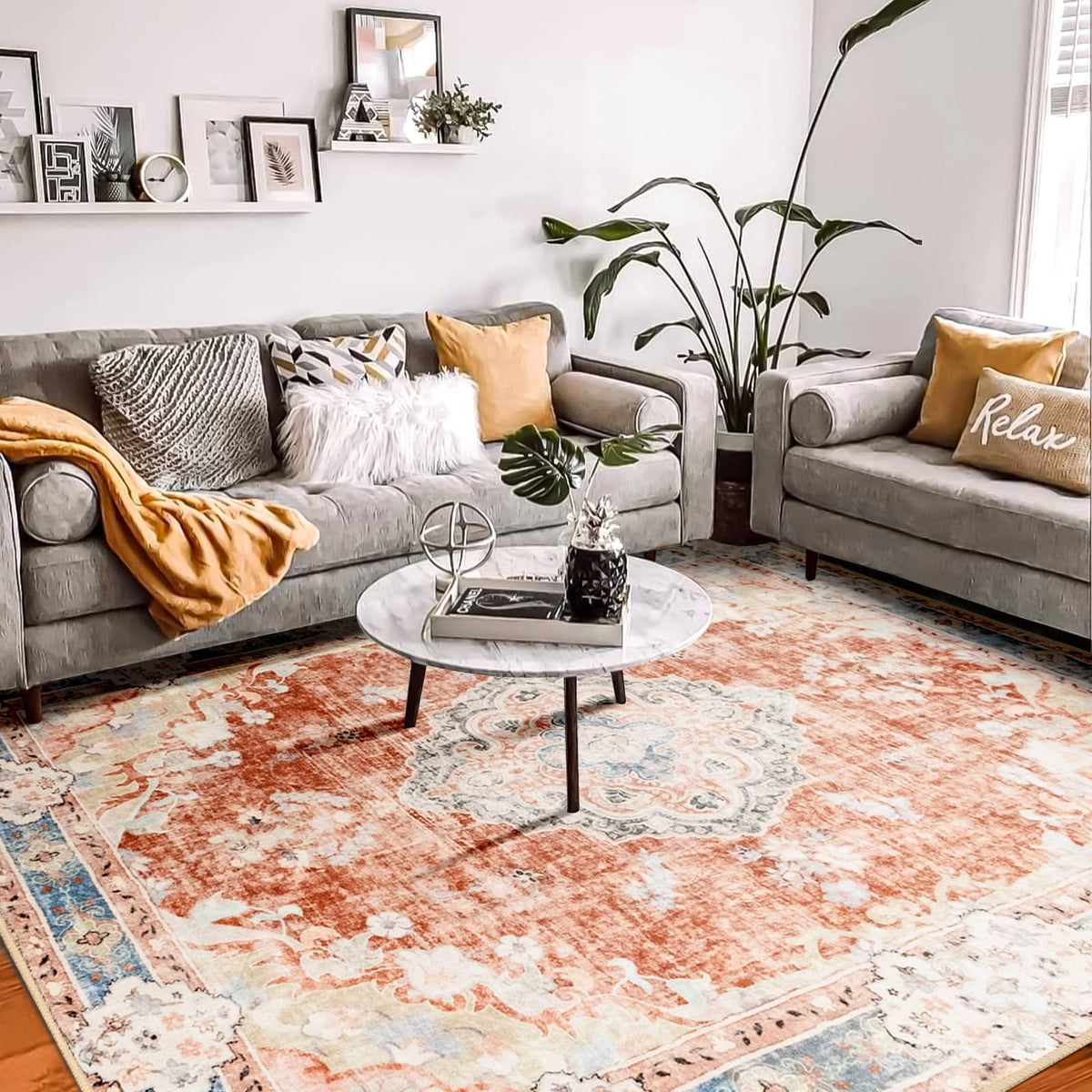 MUJOO Pink Rug 3x5 Washable,Boho Area Rugs Small Non Slip Low-Pile Floral