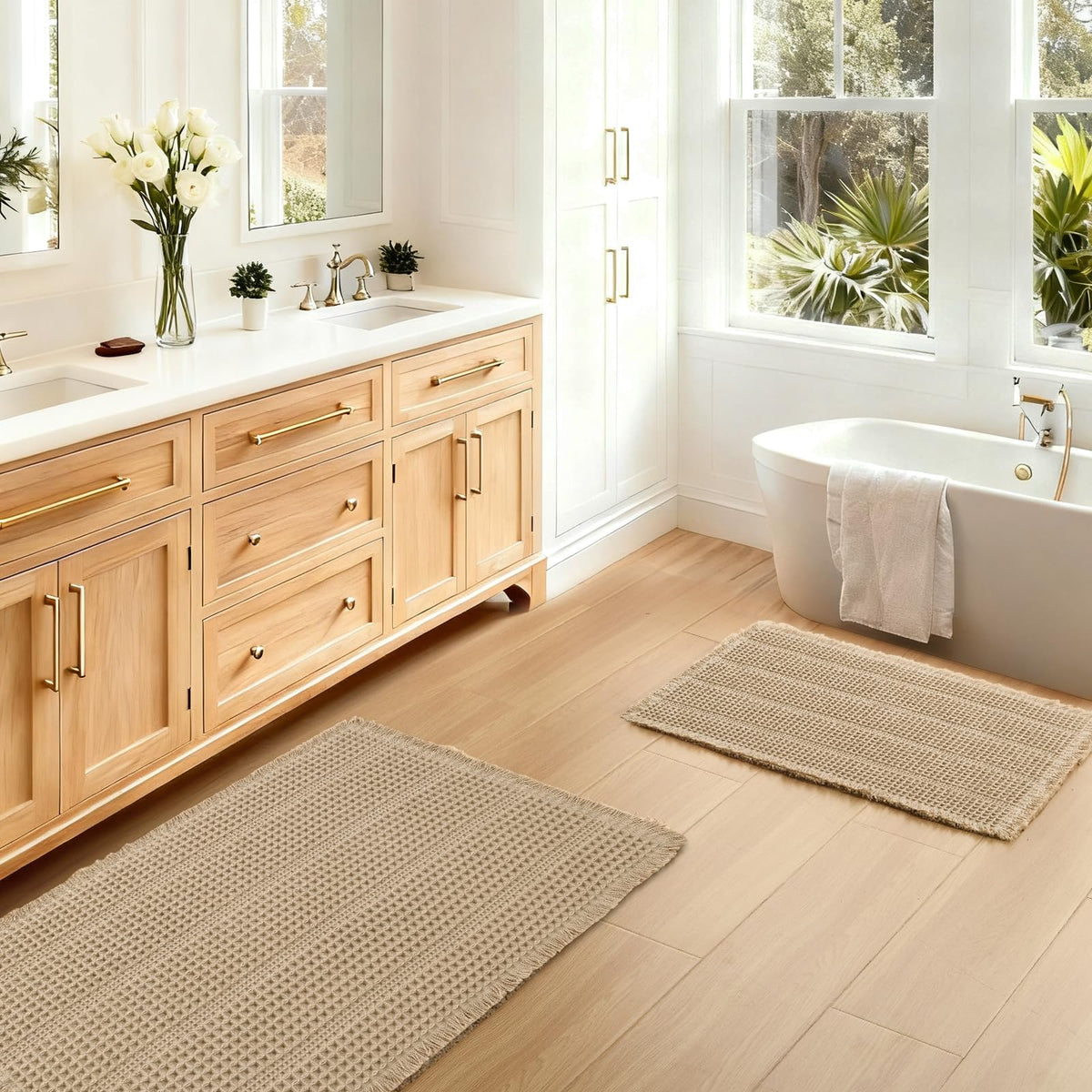 JIUZHEN Set of 2 Waffle Bath Mats Boho Bath Rugs 16"x24"+20"x32", Brown