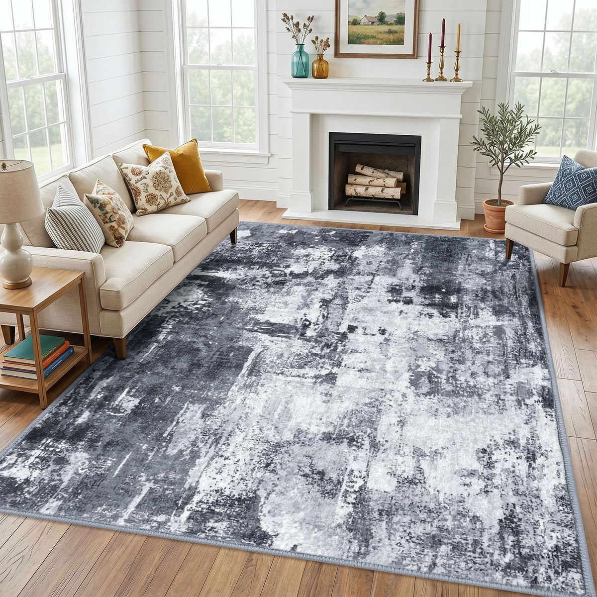 KOZYFLY Abstract Entryway Rug 2x3 Washable Door Mat Indoor Blue Beige