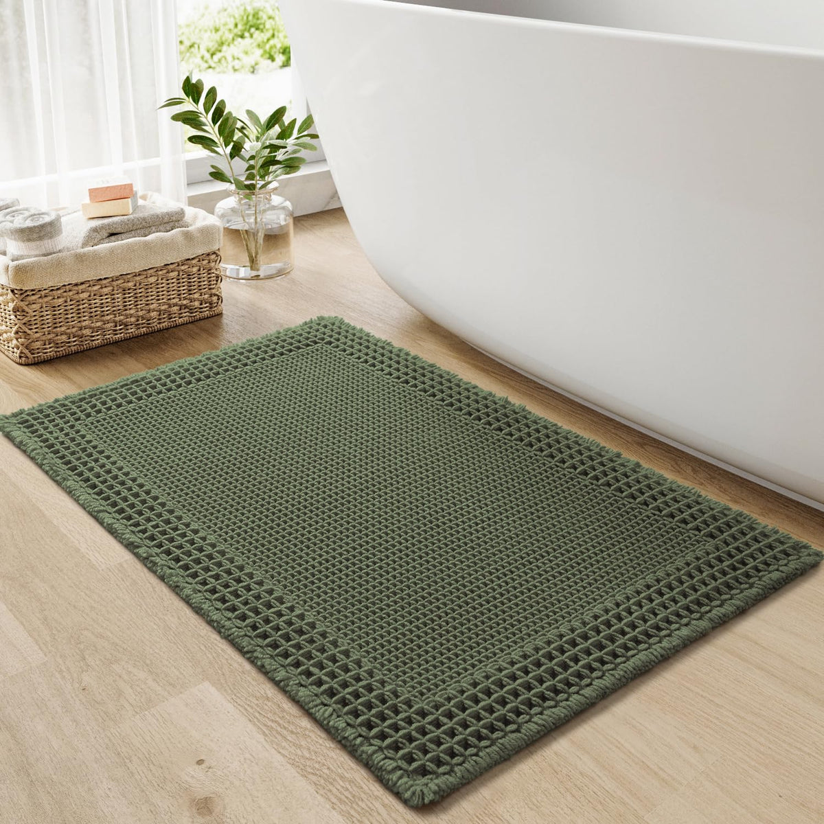 RESARE Waffle Bathroom Runner Rugs, Non Slip Boho Bath Mat 24"x72" Brown