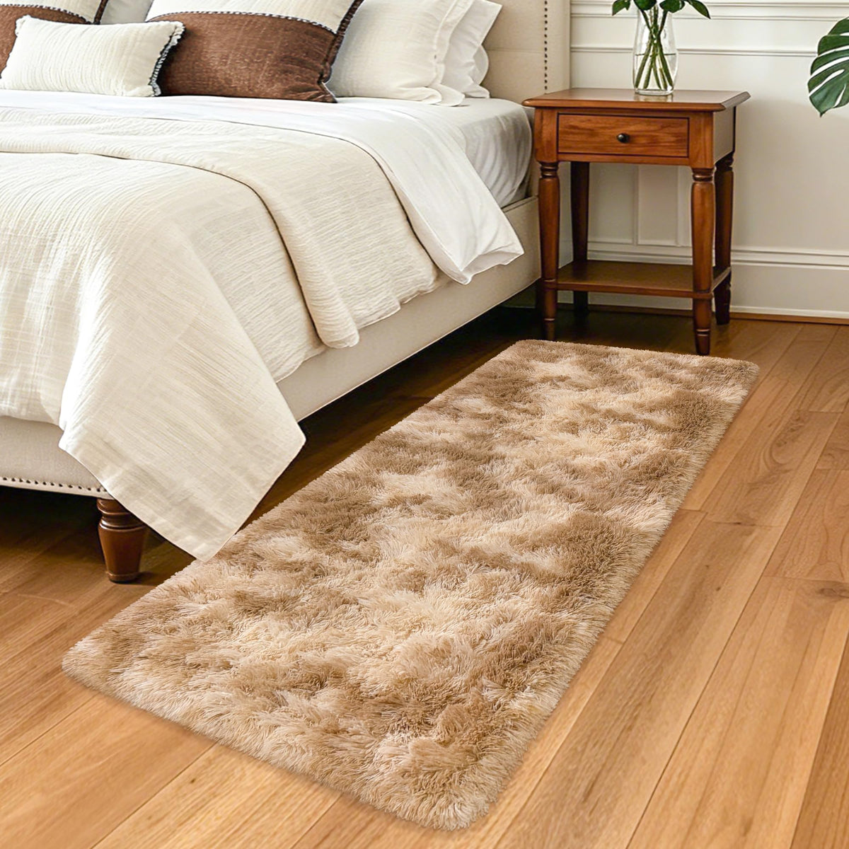 Soft Fluffy Beige Runner Rug for Bedroom, Bedside Long Rug Runner