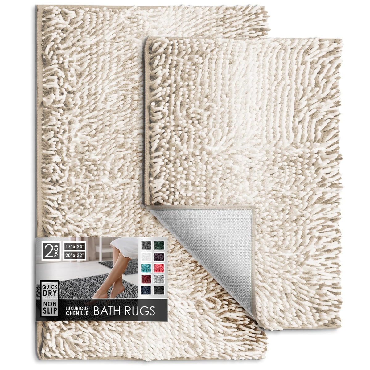Hearth & Harbor Bathroom Rugs, Chenille Bath Mat - Machine Washable Bath Mats for Bathroom Non-Slip Backing Rubber, Quick Dry Bathroom Mat, 17 x 24 + 20 x 32 - Hunter Green