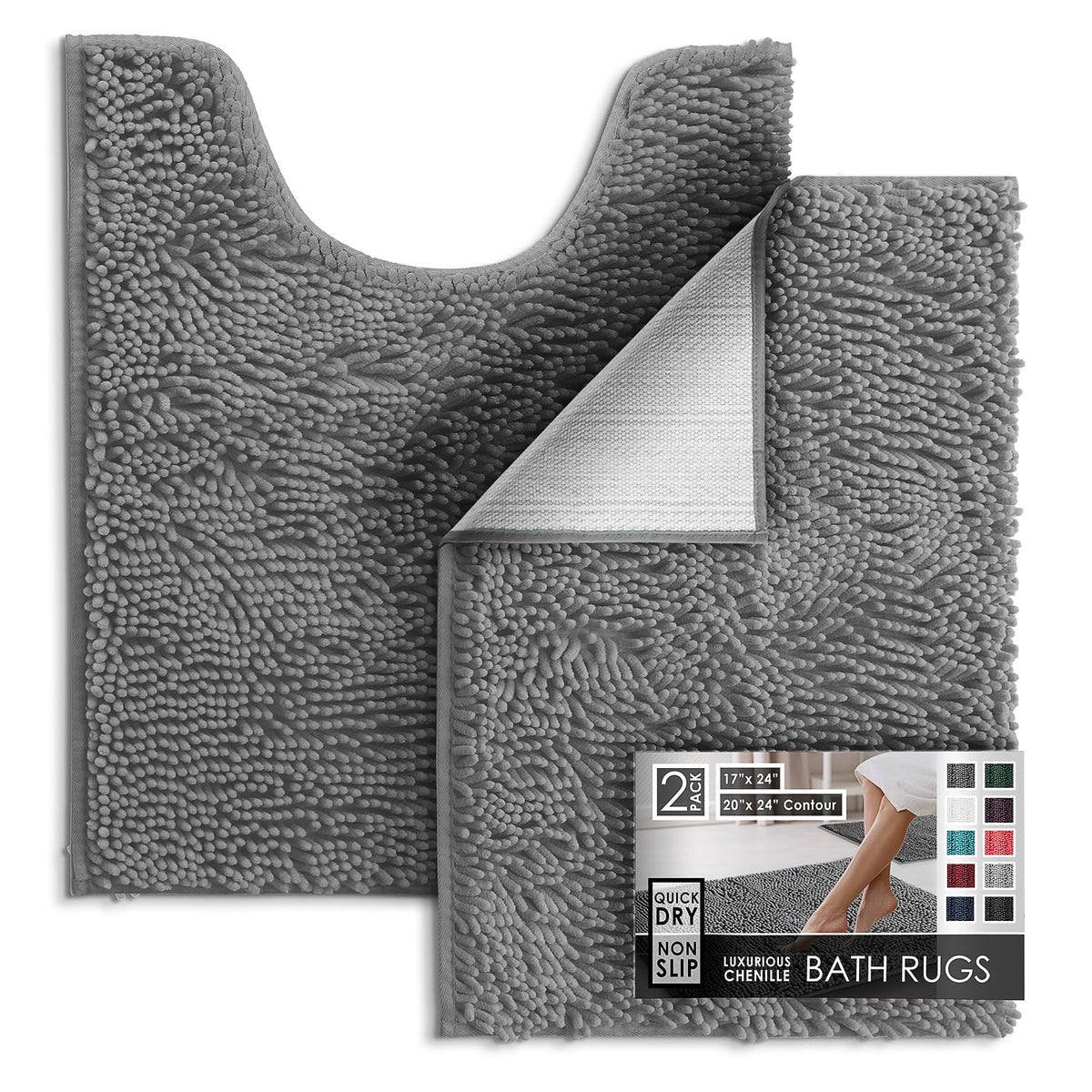 Hearth & Harbor Bathroom Rugs, Chenille Bath Mat - Machine Washable Bath Mats for Bathroom Non-Slip Backing Rubber, Quick Dry Bathroom Mat, 17 x 24 + 20 x 32 - Hunter Green