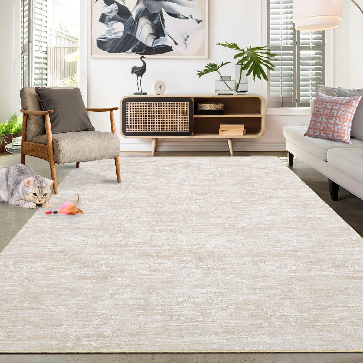 RUGSREAL Small Area Rug 2x3 Entryway Mat with Rubber Backing Stain Resistant Throw Carpet Modern Solid Color Bath Mat Contempowary Washable Rug for Living Room Bedroom Dining Room Kitchen, Beige 2x3
