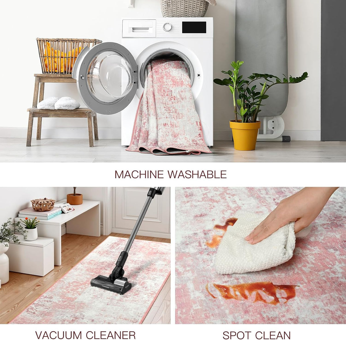 Pink Washable Runner Rug for Bedroom, Abstract Non-Slip Soft Entryway Rugs, Modern Low Pile Stain Resistant 2x6 Carpet for Entryway, Kitchen, Hallway, Bedside