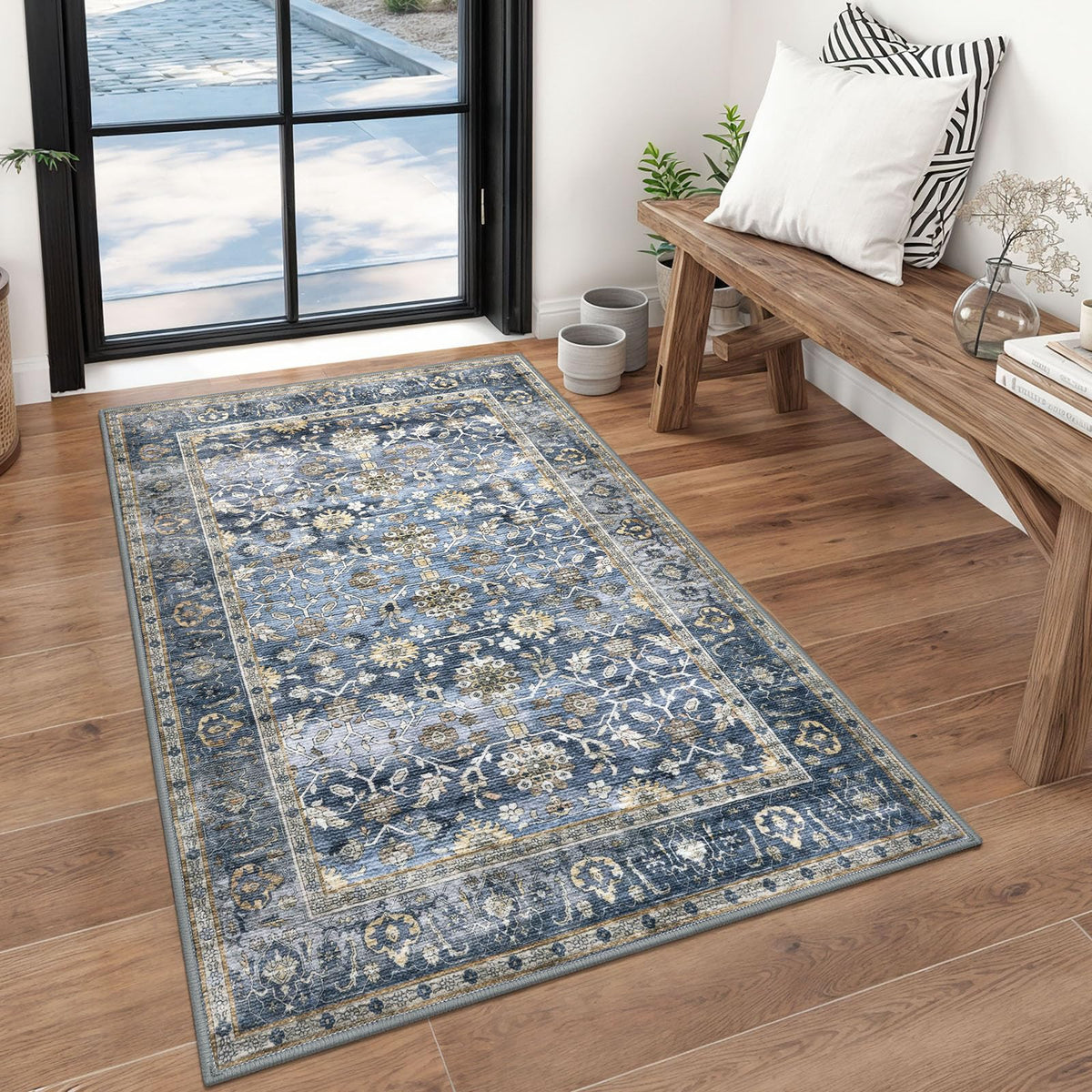 KUTA Vintage Floral Washable 2x3 Rugs for Entryway Blue Grey Beige