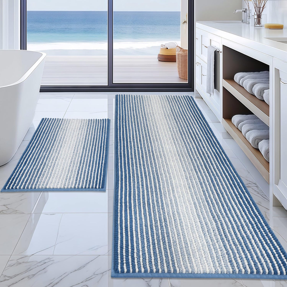 BSICPRO Bathroom Rugs Sets 2 Piece, Non Slip Striped Bath Mats, Sage