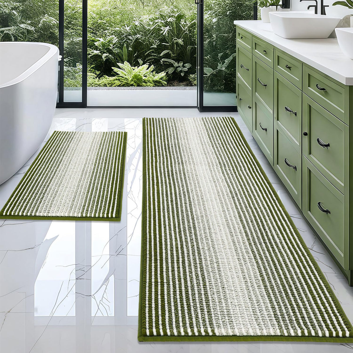 BSICPRO Bathroom Rugs Sets 2 Piece, Non Slip Striped Bath Mats, Sage
