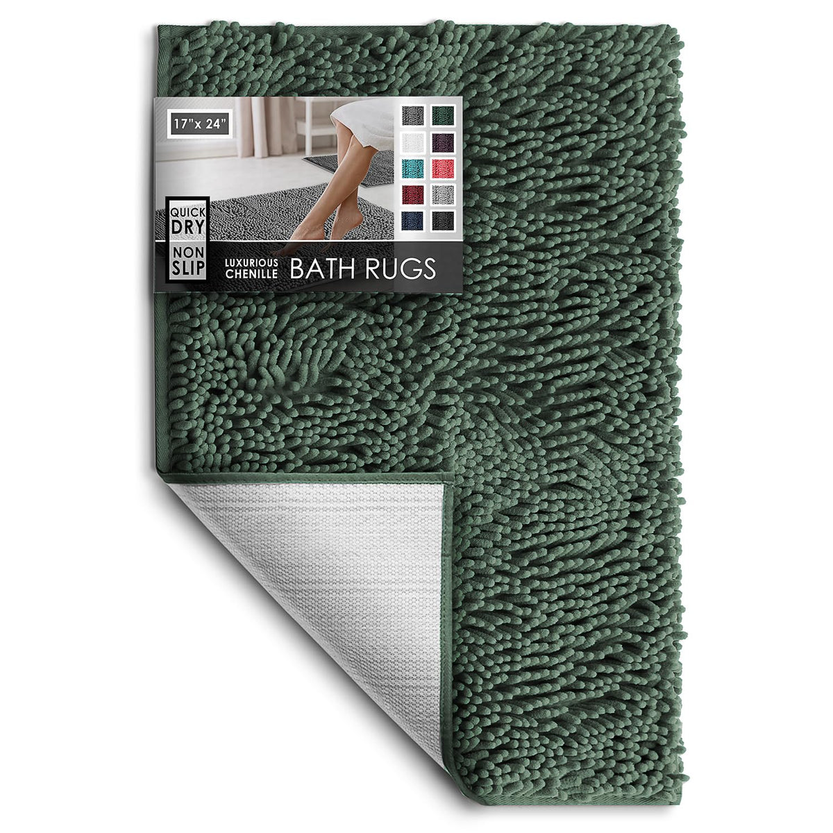 Hearth & Harbor Bathroom Rugs, Chenille Bath Mat - Machine Washable Bath Mats for Bathroom Non-Slip Backing Rubber, Quick Dry Bathroom Mat, 17 x 24 + 20 x 32 - Hunter Green