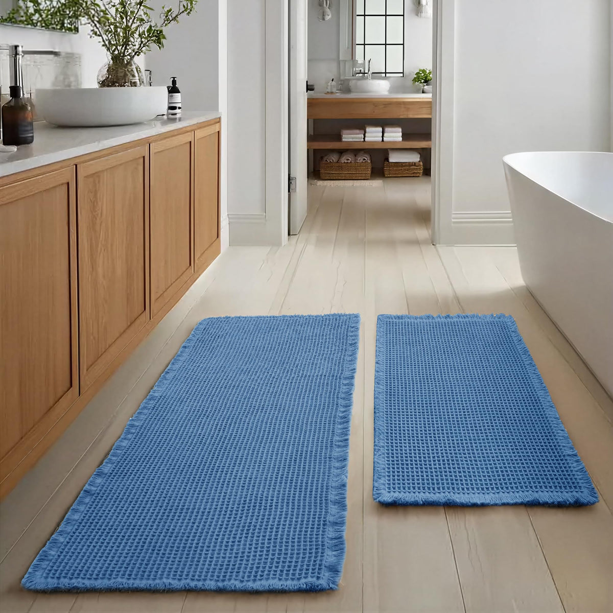 JIUZHEN Set of 2 Waffle Bath Mats Boho Bath Rugs 16"x24"+20"x32", Brown