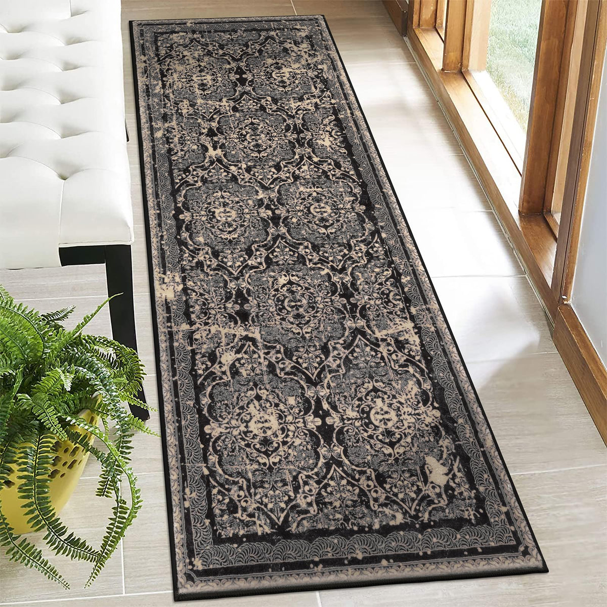 Vaukki Hallway Runner 2x6 ft, Grey Vintage Shaggy Soft Kitchen Rug