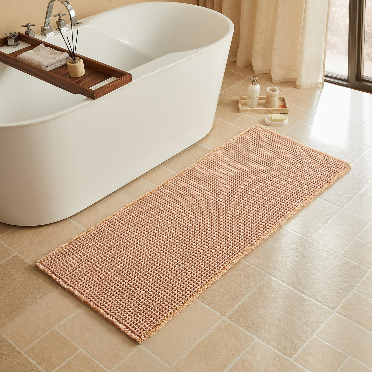 Triohero Waffle Bath Mat, Small Boho Bathroom Rugs Non Slip, 16x24 Khaki