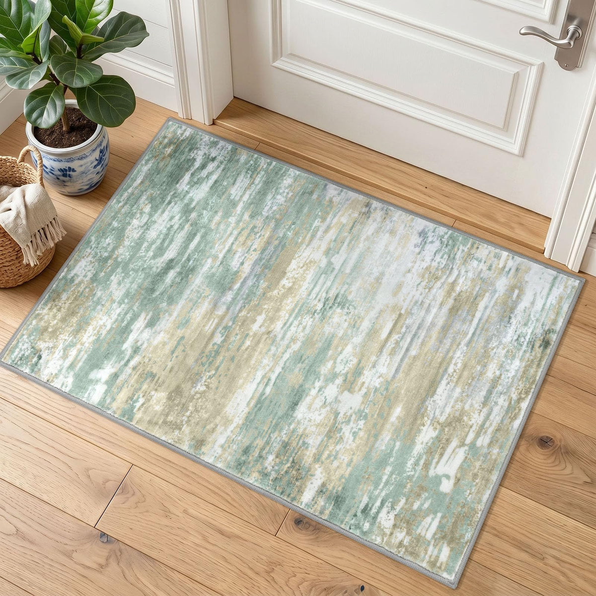 KOZYFLY Abstract Entryway Rug 2x3 Washable Door Mat Indoor Blue Beige