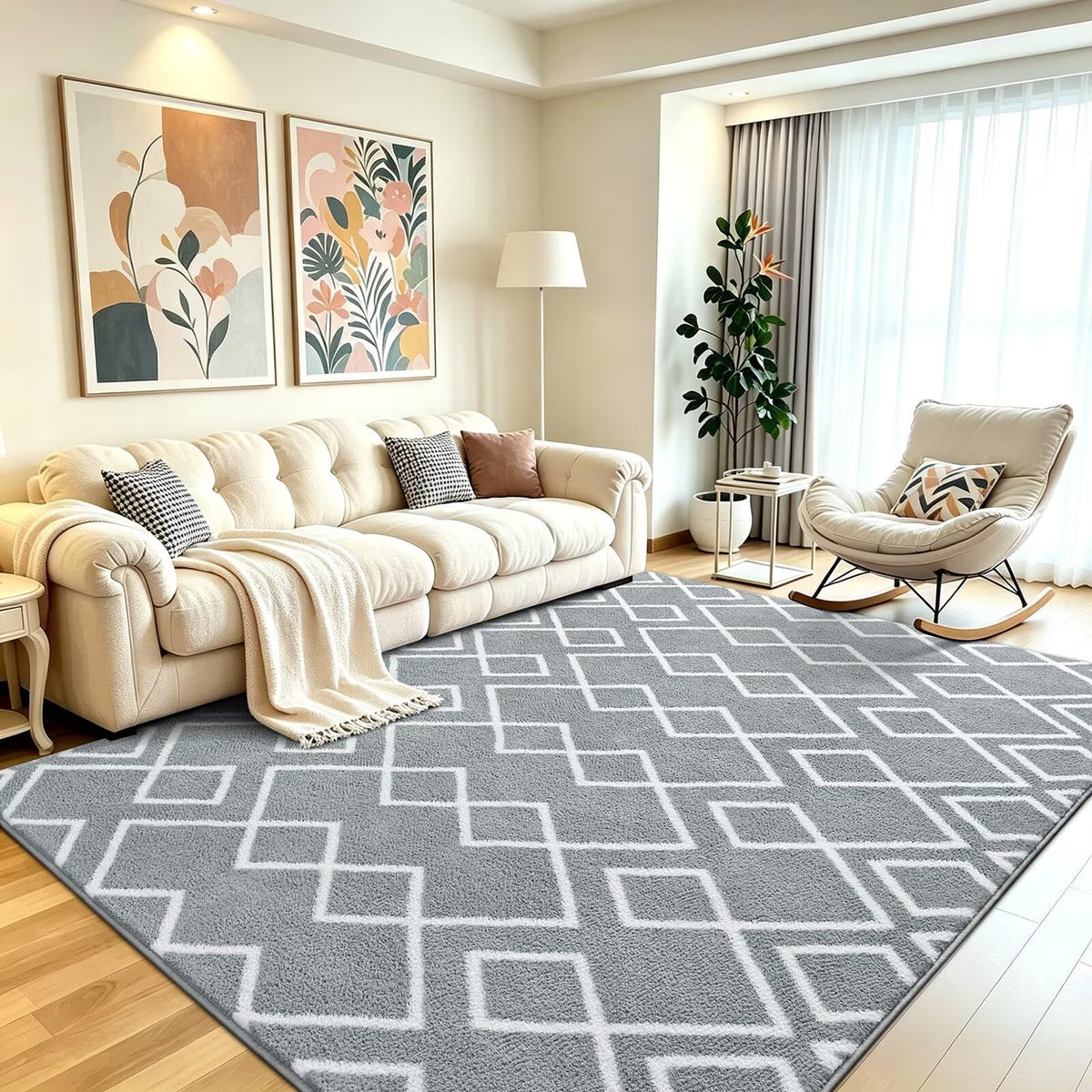 Grey Fluffy Area Rug for Bedroom, 3x5 Geometric Shag Rugs