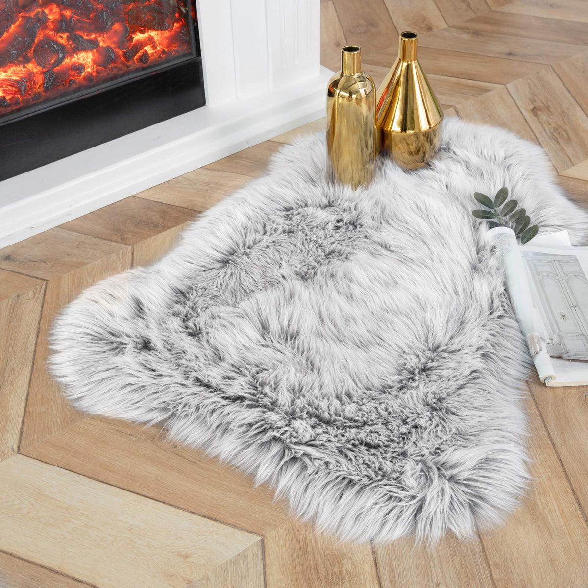 Ashler Faux Fur Rug, White, 2x3 Ft, Machine Washable