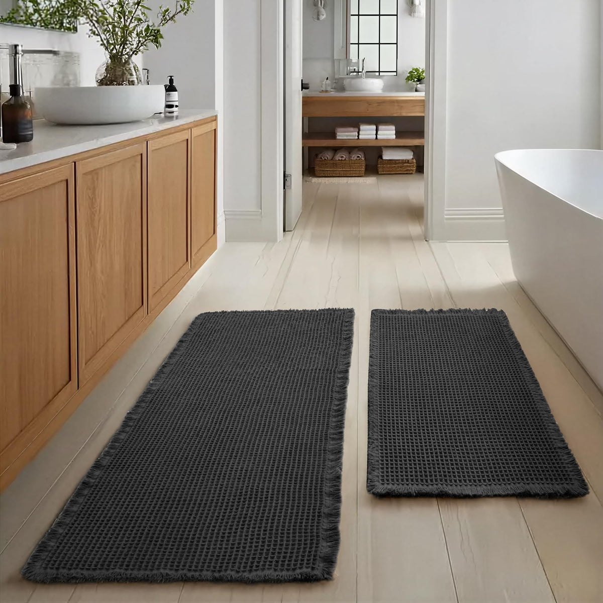 JIUZHEN Set of 2 Waffle Bath Mats Boho Bath Rugs 16"x24"+20"x32", Brown
