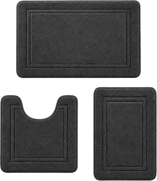 Bathroom Rugs Set 3 Piece, Bordered Memory Foam With Toilet Mats Dark Gray