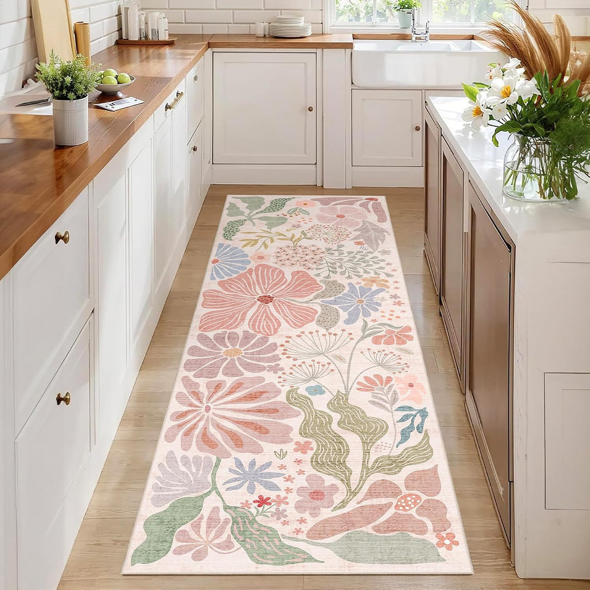 MUJOO Pink Washable 2x6 Runner Rugs Floral Area Rugs Non Slip Low-Pile