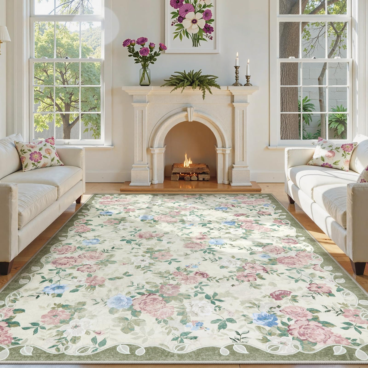 Lahome Floral Pink Bathroom Rug Runners for Hallways Non Slip 2x6