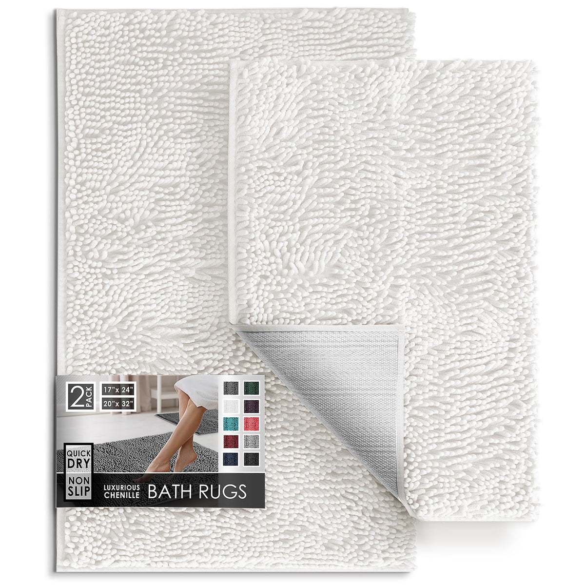 Hearth & Harbor Bathroom Rugs, Chenille Bath Mat - Machine Washable Bath Mats for Bathroom Non-Slip Backing Rubber, Quick Dry Bathroom Mat, 17 x 24 + 20 x 32 - Hunter Green