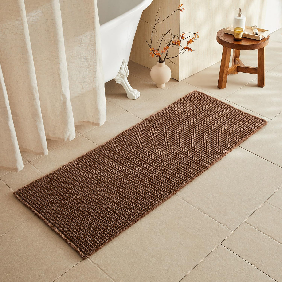 TYUU Waffle Bath Mat, Boho Bathroom Rugs Non Slip Washable, 30x20 Khaki