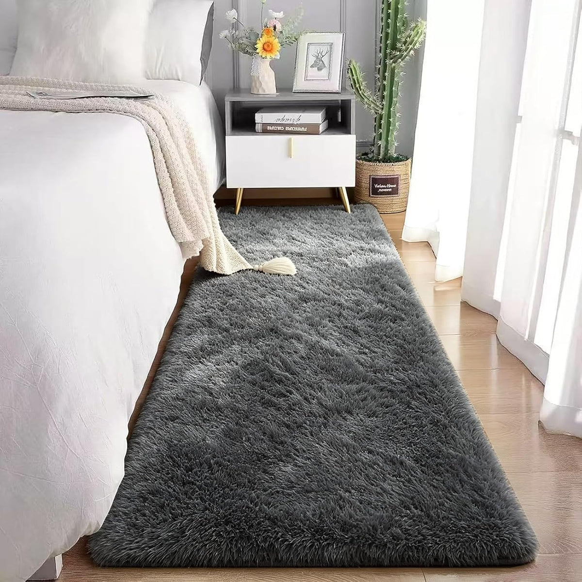 2x6 Dark Grey Fluffy Runner Rug for Hallway and Bedroom, Washable Soft Shaggy Carpet, Non-Slip Thick Shag Rug for Bedside and Living Room, Kids' and Girls' Nursery, Aesthetic Home Decor