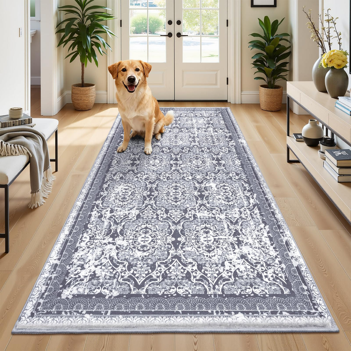 Vaukki Hallway Runner 2x6 ft, Grey Vintage Shaggy Soft Kitchen Rug