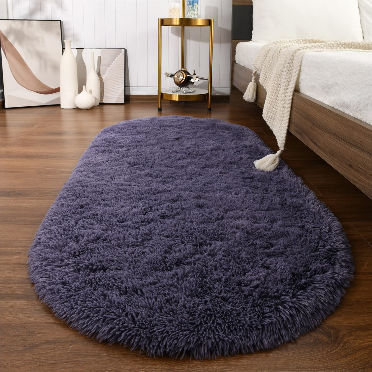 Softlife Fluffy Rugs for Bedroom, Shag Cute Area Rug for Girls/Boys and Kids Baby Room Home Decor, 2.6 x 5.3 Feet Oval Indoor Carpet for Nursery Dorm Living Room, Creamy