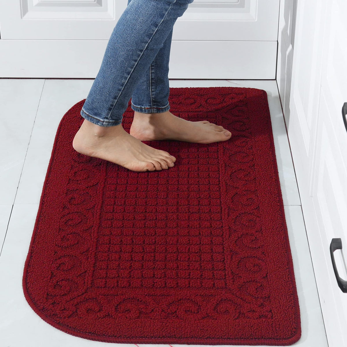 COSY HOMEER 27x18 Half Round Kitchen Rug,Non Slip Washable Mat,Burgundy 1PC