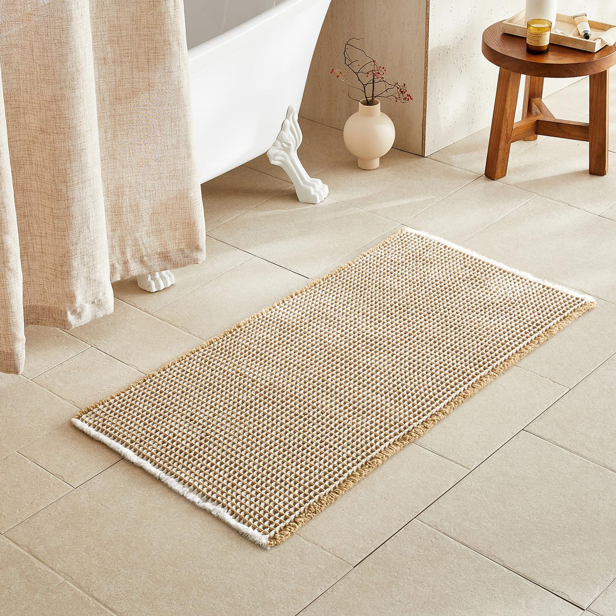 TYUU Waffle Bath Mat, Boho Bathroom Rugs Non Slip Washable, 30x20 Khaki