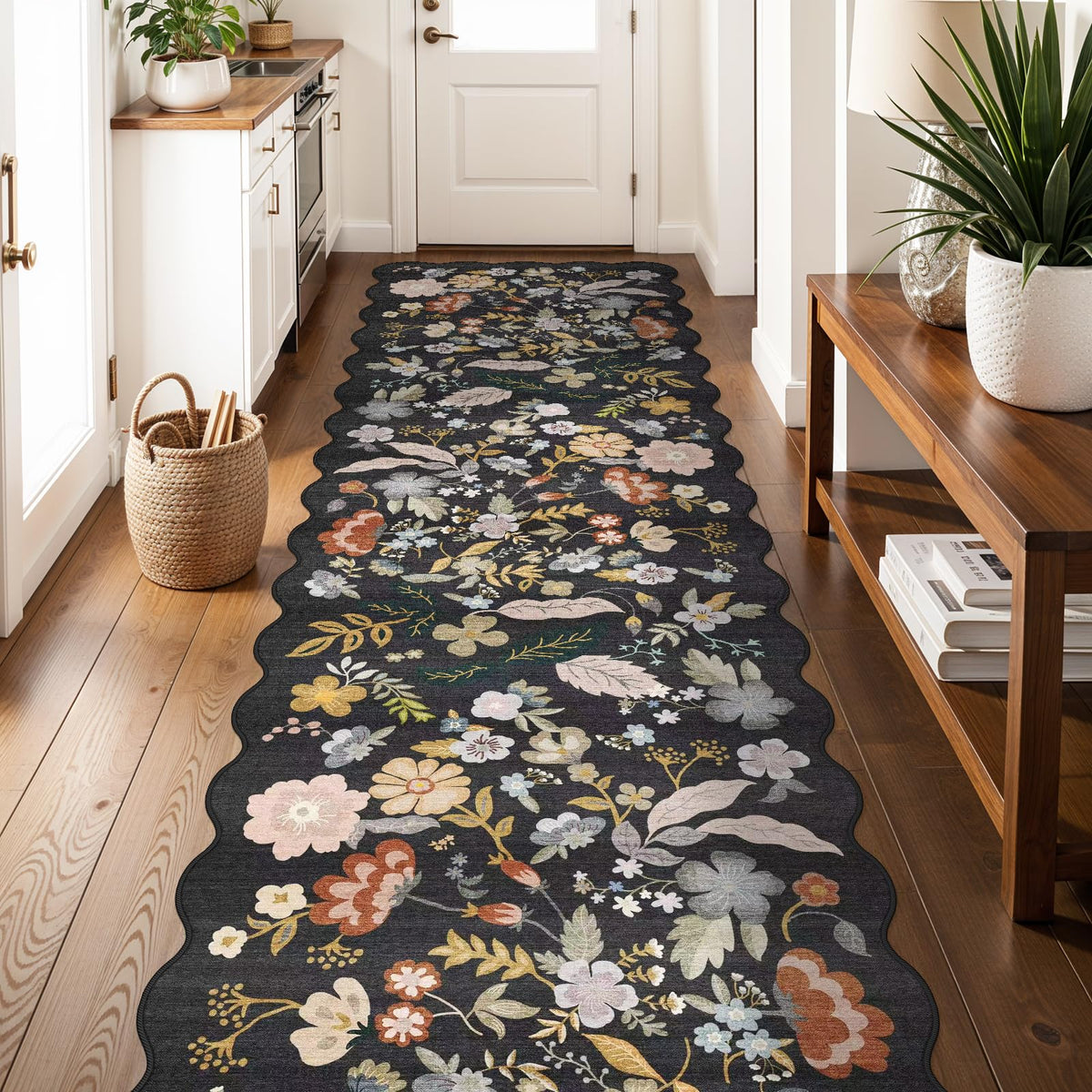2x4 Rug Washable for Entryway - Non-Slip Scalloped Floral Throw Rug Black