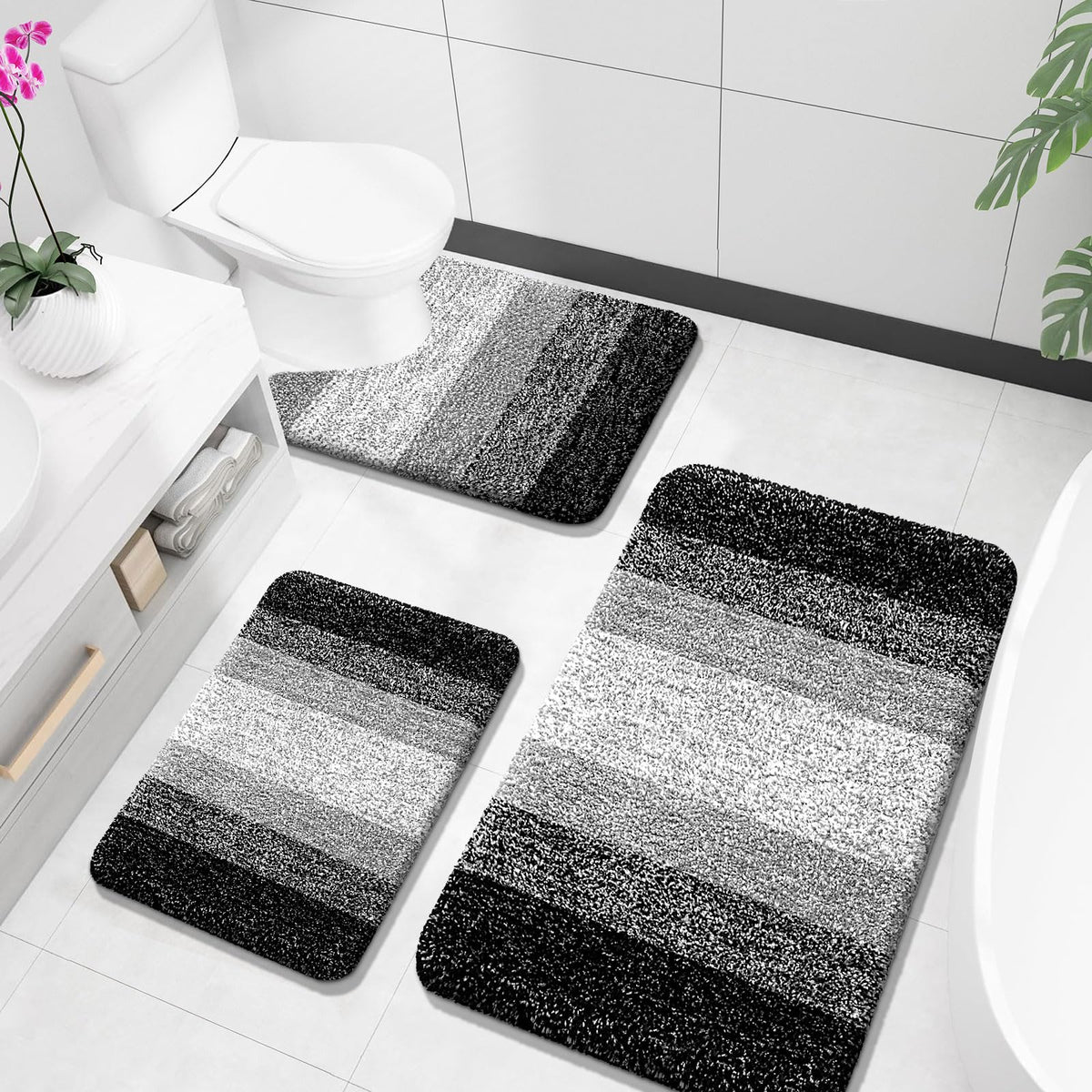 OLANLY Microfiber Bathroom Rugs Sets 3 Piece, Absorbent Bath Mats, Grey