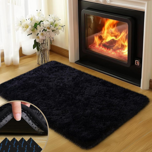 Mugorn Black Rugs for Bedroom, 2x3 Feet Fluffy Area Rugs for Living Room, Soft Shag Kids Rug Small Carpet for Nursery, Bedside, Indoor, Dorm Decor