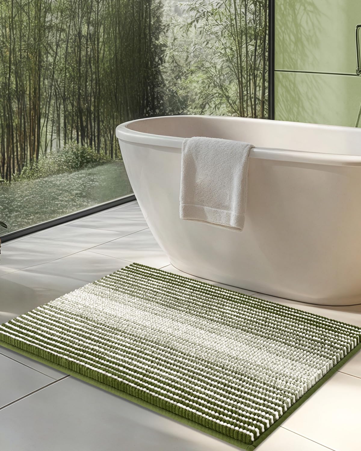 BSICPRO Bathroom Rugs Sets 2 Piece, Non Slip Striped Bath Mats, Sage