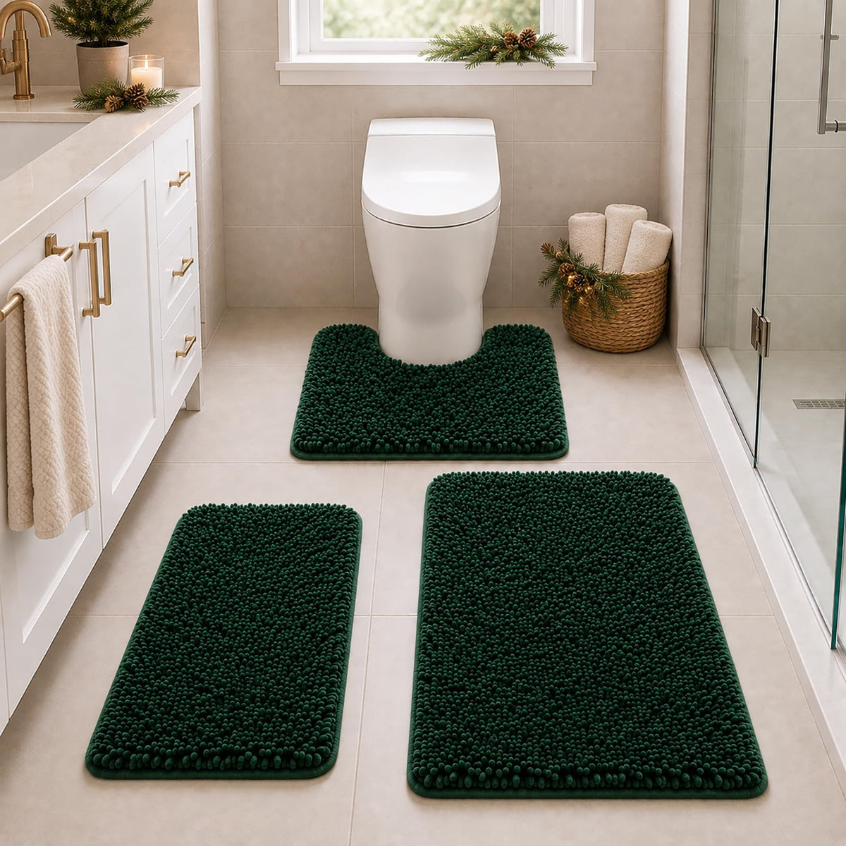 Bathroom Rugs Set Non Slip 3 Piece Bath Mat Washable Chenille Bath Rugs with PVC Backing Bath Carpet,Absorbent Bathroom Mats with Toilet Rug,Bath Mats for Bathroom,Bedroom, Kitchen,Tub,Home Decor