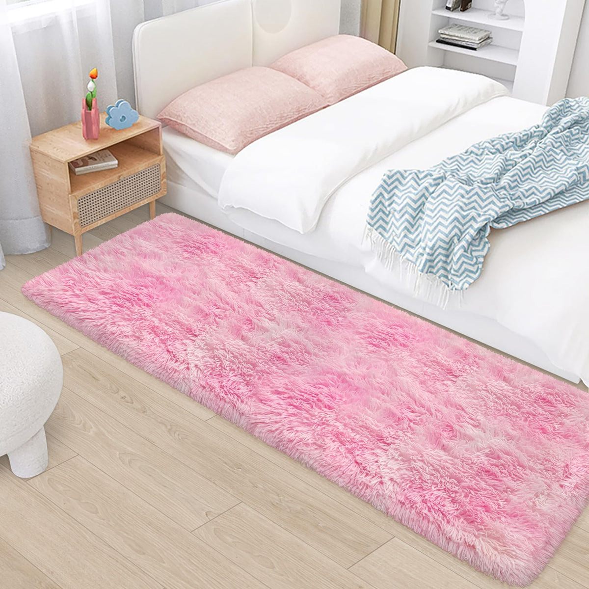 Soft Fluffy Beige Runner Rug for Bedroom, Bedside Long Rug Runner