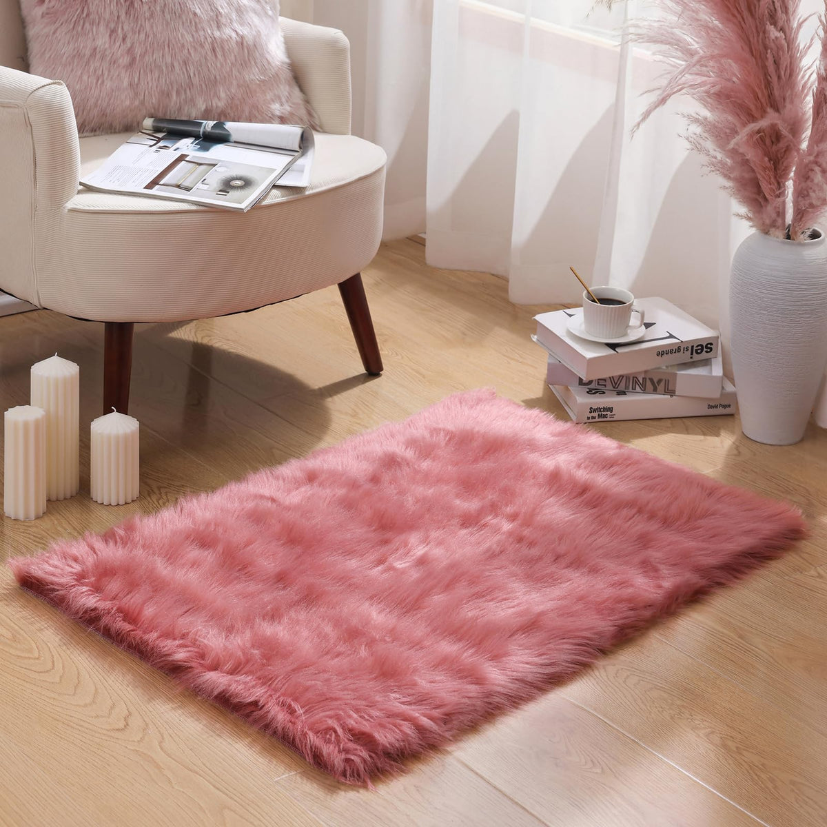 Ashler Faux Fur Rug, White, 2x3 Ft, Machine Washable