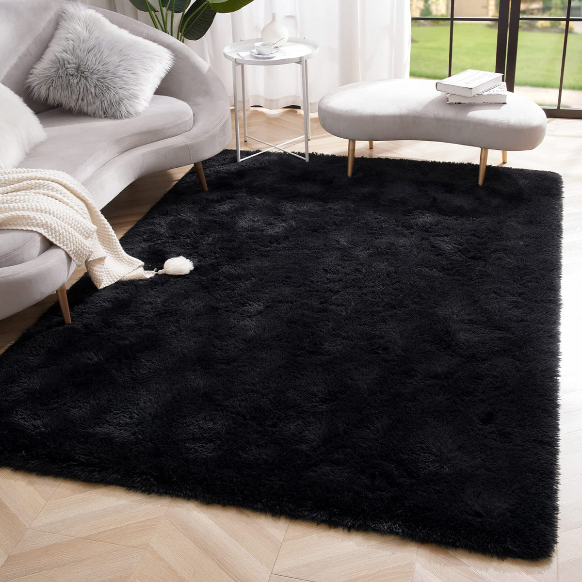 Amearea Shag Fluffy Small Rug, 2x4 Throw Rugs for Bedroom Girls, Black