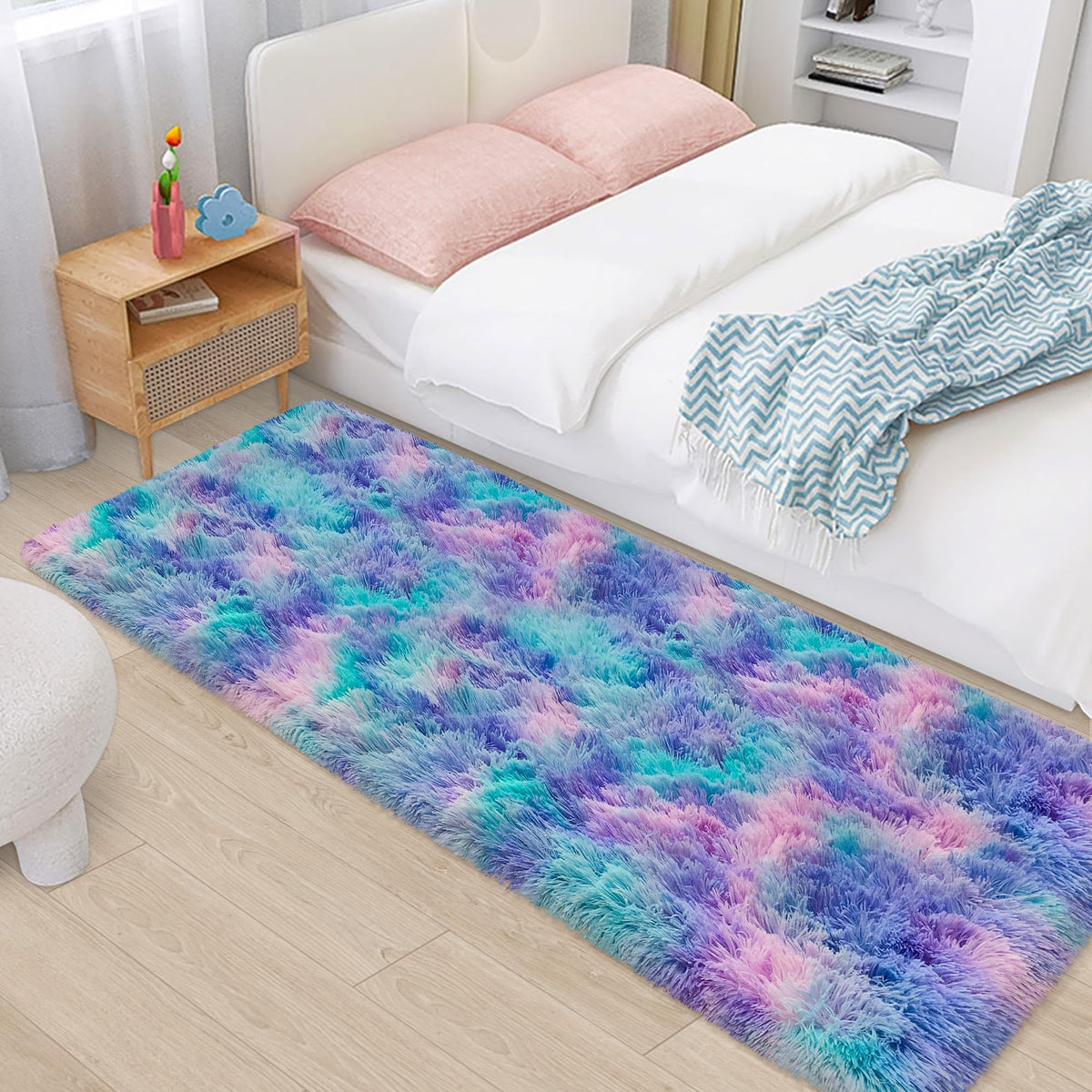 Soft Fluffy Beige Runner Rug for Bedroom, Bedside Long Rug Runner